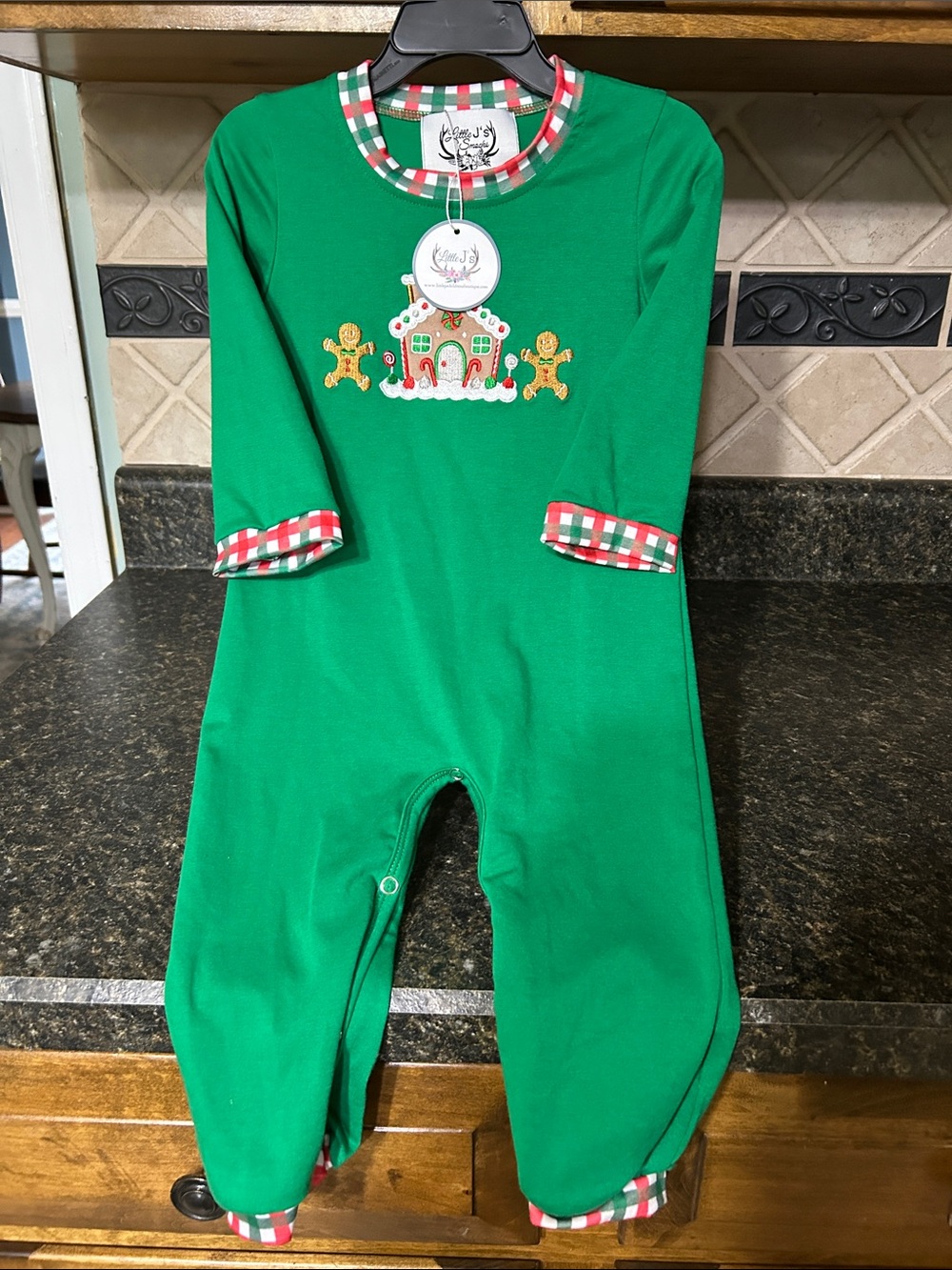 Green Gingerbread House Baby One-Piece Bodysuit with Plaid Trim